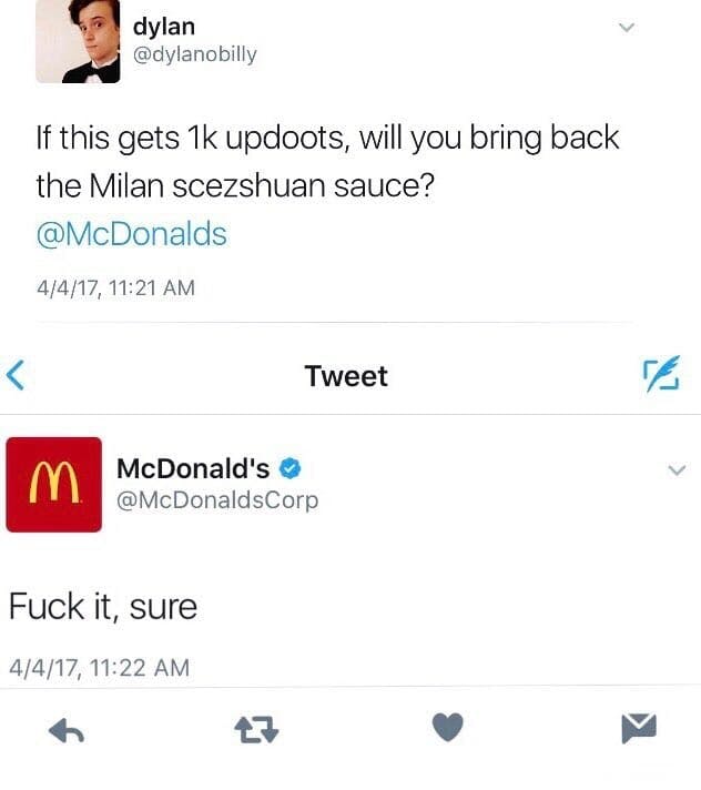 tweet asking mcdonalds to bring back szechuan sauce