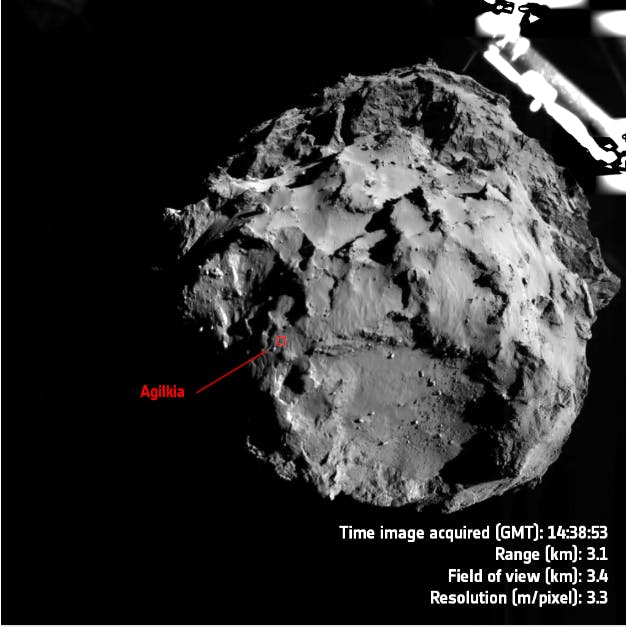 This diagram shows the location of Agilkia, one of the comet's first landing points.
