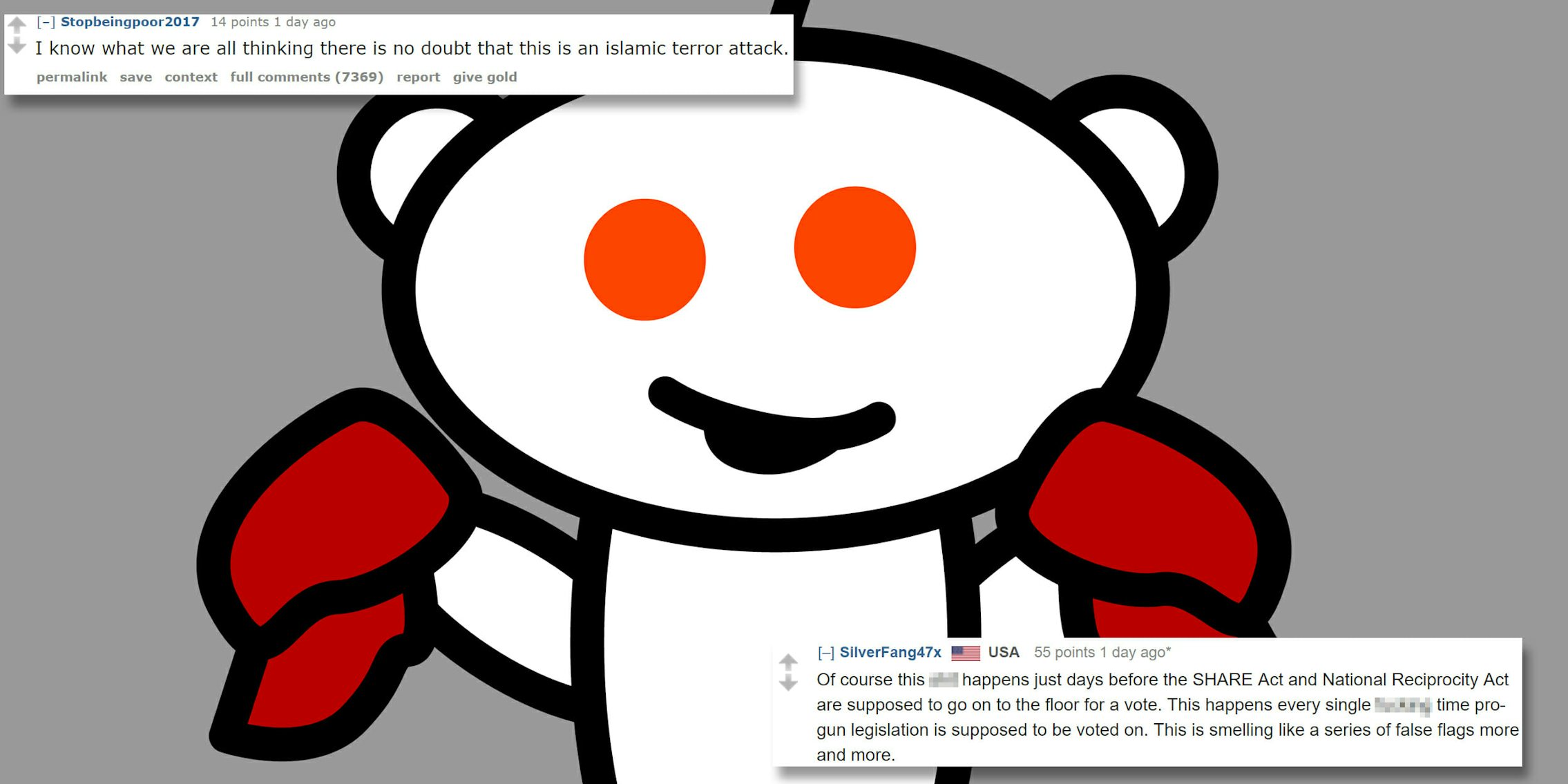 Reddit snoo holding red baseball caps. r/The_Donald