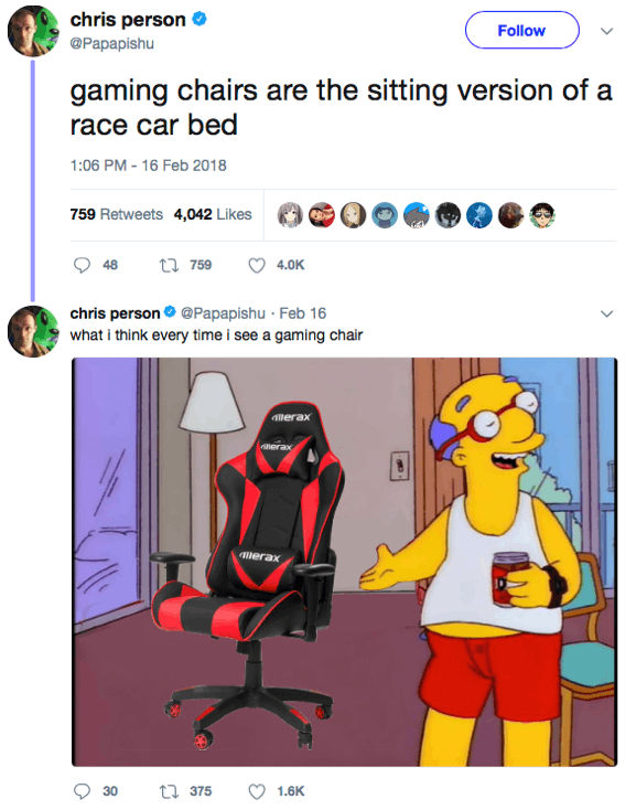 gaming chairs are the sitting version of a race car bed