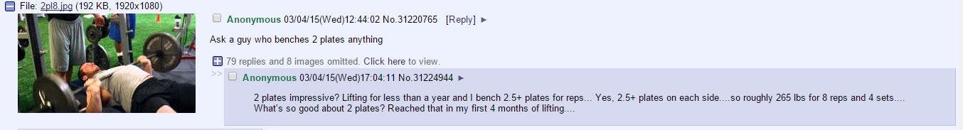 "Lifting for less than a year and I bench 2.5+ plates for reps."