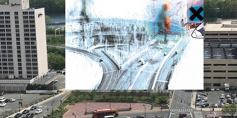 OK Computer cover superimposed on picture of surrounding roadways