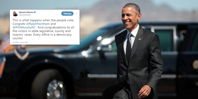 Former President Barack Obama congratulated the winners of both gubernatorial races that took place on Tuesday and the sweeping success Democrats had in state and local races in a Wednesday morning tweet–telling his followers “this is what happens when the people vote.”