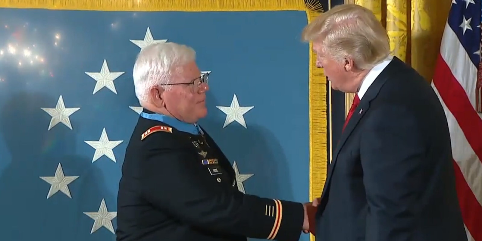 Not even Congressional Medal of Honor recipient Capt. Gary Rose was safe from feeling the wrath of vice-grip of a handshake from President Donald Trump.