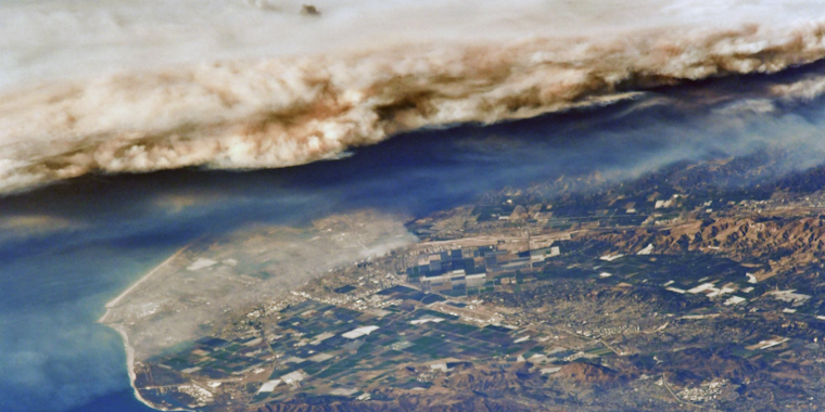 Southern California wildfires from space, brown smoke