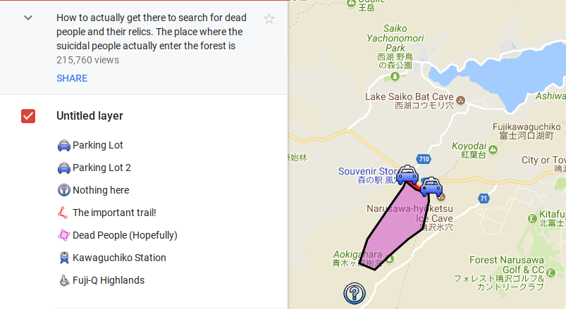 One Google My Maps user created a guide to finding Aokigahara's suicide victims.