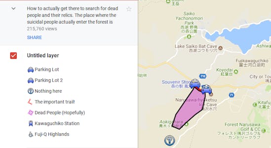One Google My Maps user created a guide to finding Aokigahara's suicide victims.