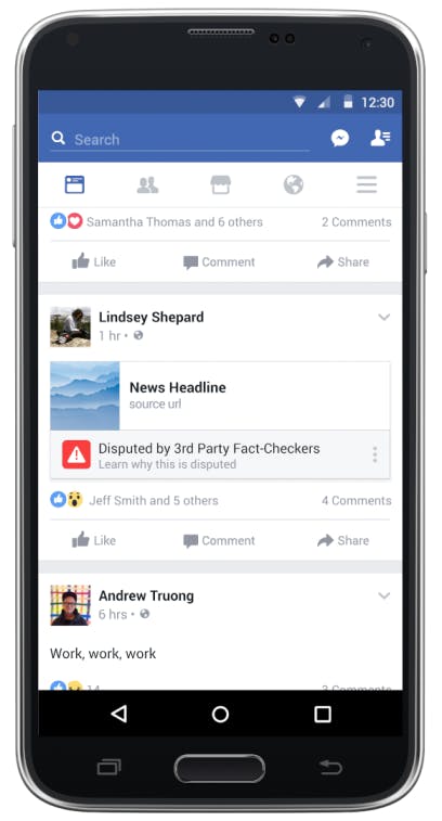 A mockup of the way disputed stories will appear in News Feed.
