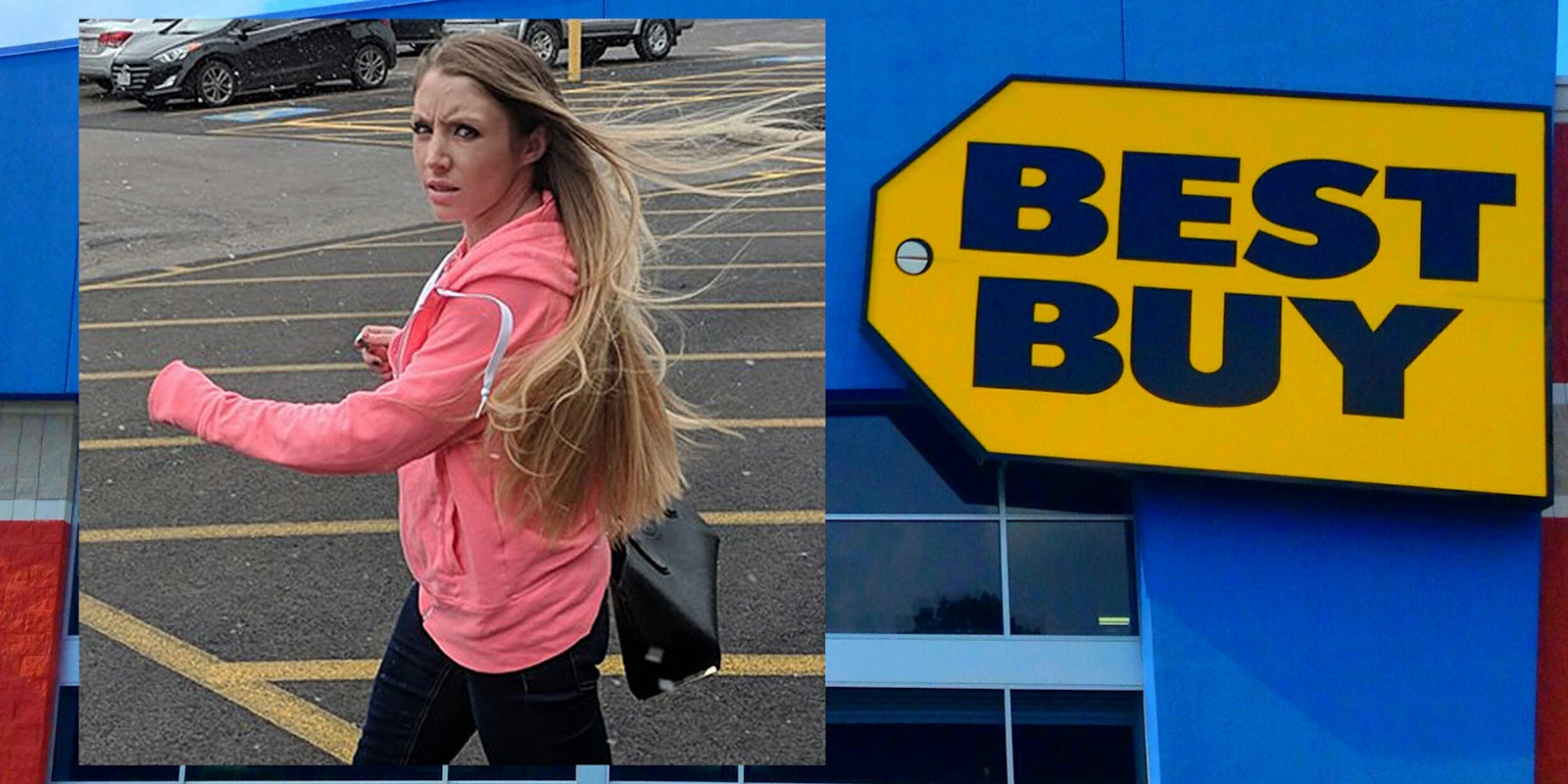 woman in pink hoody in Best Buy parking lot