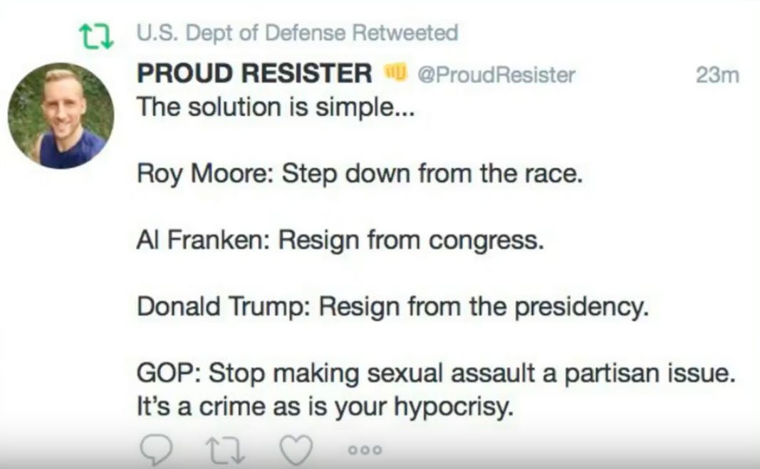 The Pentagon apologizes for mistakingly re-tweeting a message calling for Trump to resign.