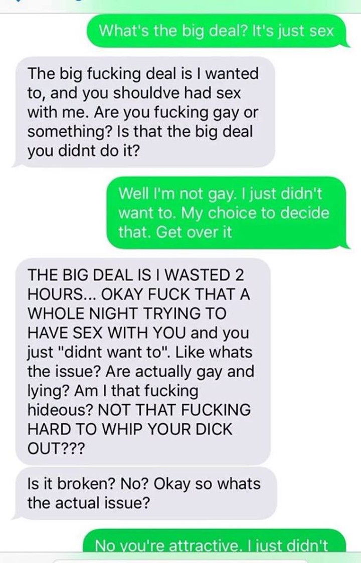 Woman goes on texting tirade after man refuses to have sex with photo image