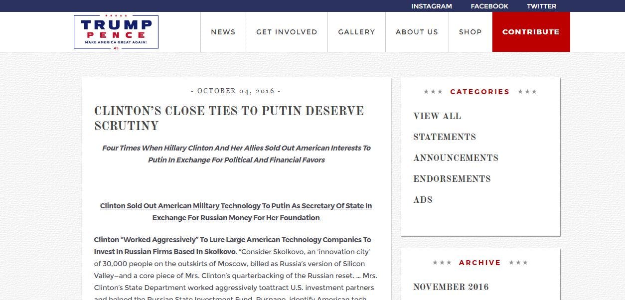 October press release calls for scrutiny of Clinton's Russian ties.