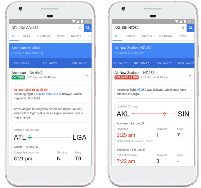 Google Flights screengrabs on Android
