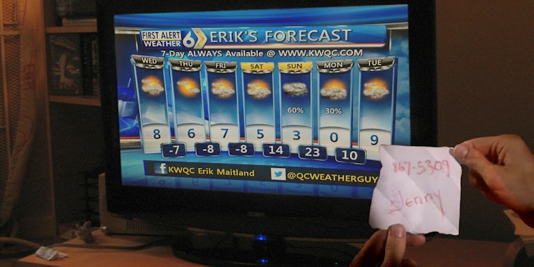 Hands holding Jenny's 867-5309 number next to Erik's 7 day weather forecast