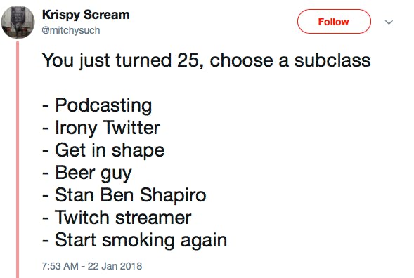 You just turned 25, choose a subclass - Podcasting - Irony Twitter - Get in shape - Beer guy - Stan Ben Shapiro - Twitch streamer - Start smoking again