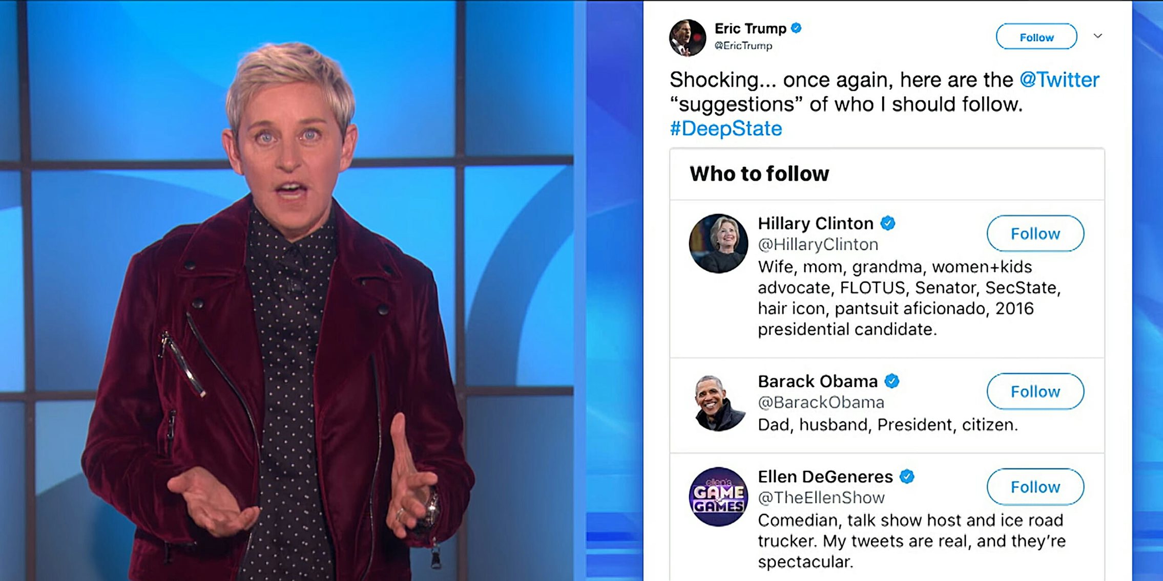 Ellen DeGeneres talking about Eric Trump's 'Deep State' tweet