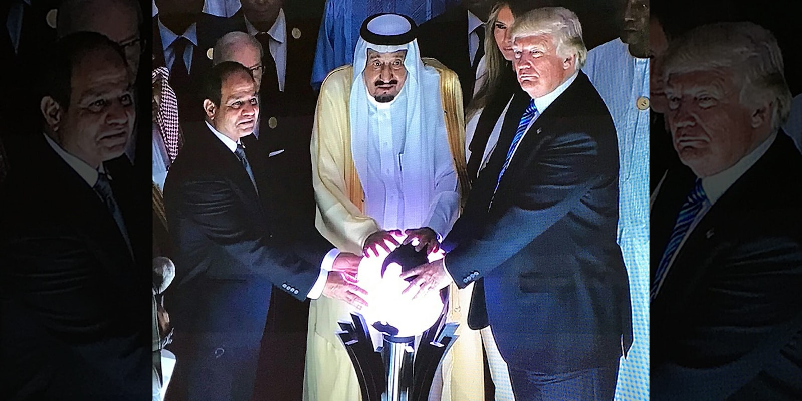 Donald Trump with Saudi King and a glowing orb