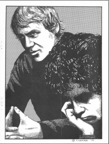 Black and white illustration from a Starsky and Hutch zine. Features the two of them side by side, facing front left towards the viewer with intense expressions.