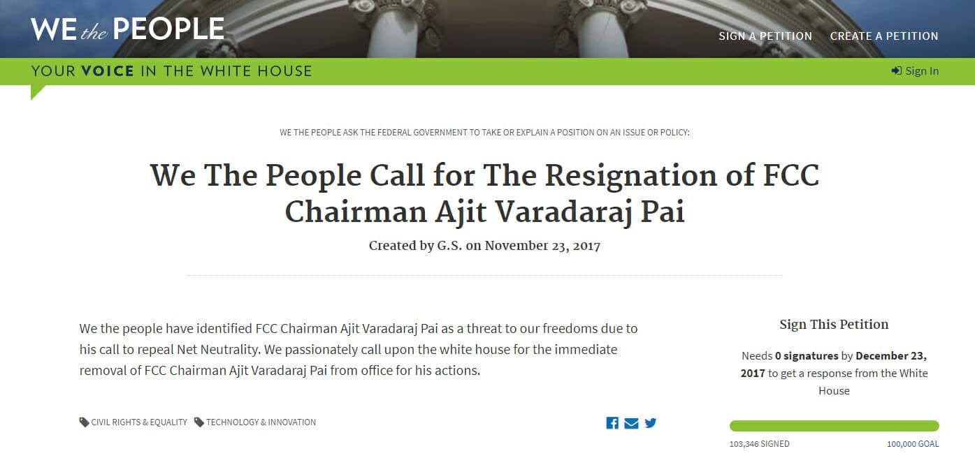 A We The People petition calling for FCC Chairman Ajit Pai to resign has reached the threshold to warrant a response from the White House.