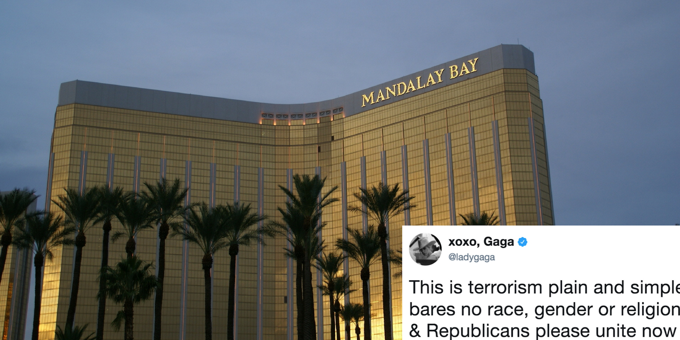 Mandalay Bay hotel next to a tweet about the Las Vegas shooting