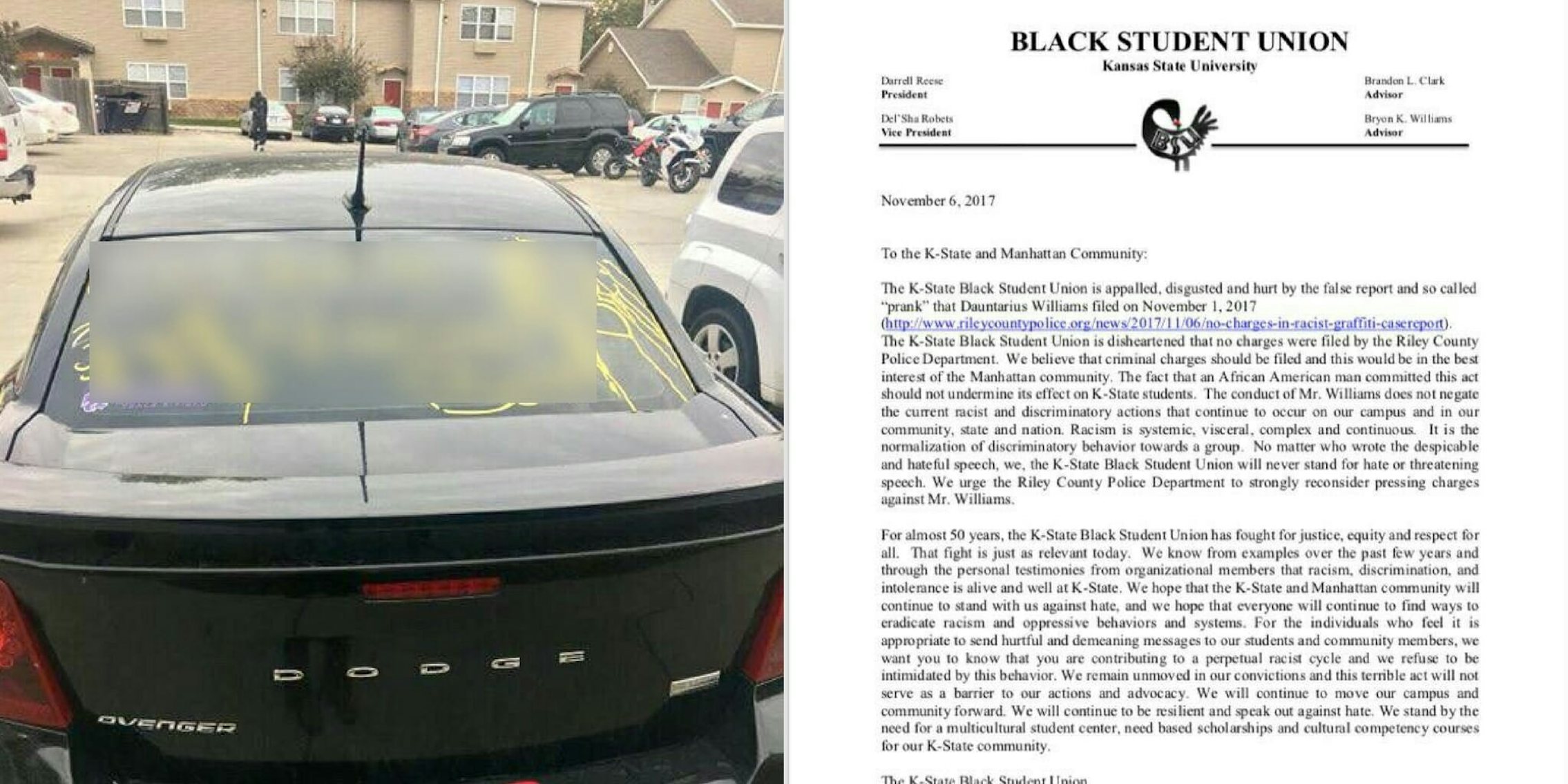 Fake racist graffiti tagged on a car next to a letter from the Kansas State Black Student Union