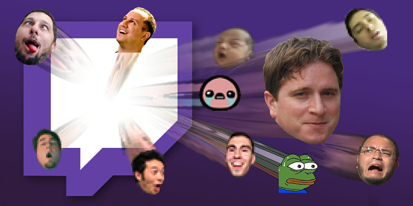 Twitch emotes : Emotes bursting from Twitch logo