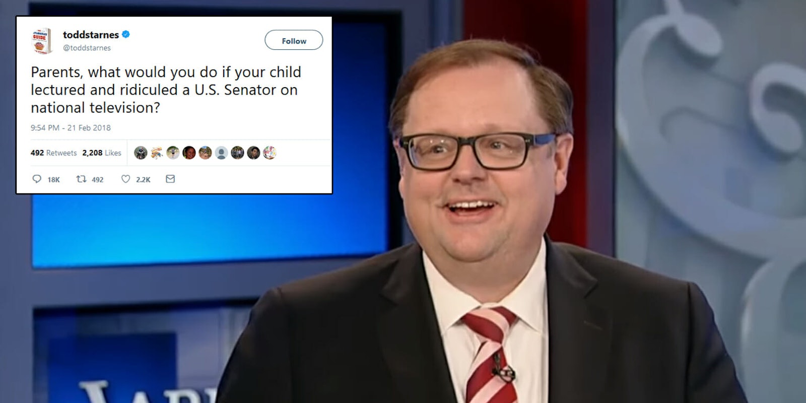Fox News radio host and commentator Todd Starnes asked parents how they would feel if their kids 'lectured' senators at CNN's Parkland shooting town hall. It didn't go over well.