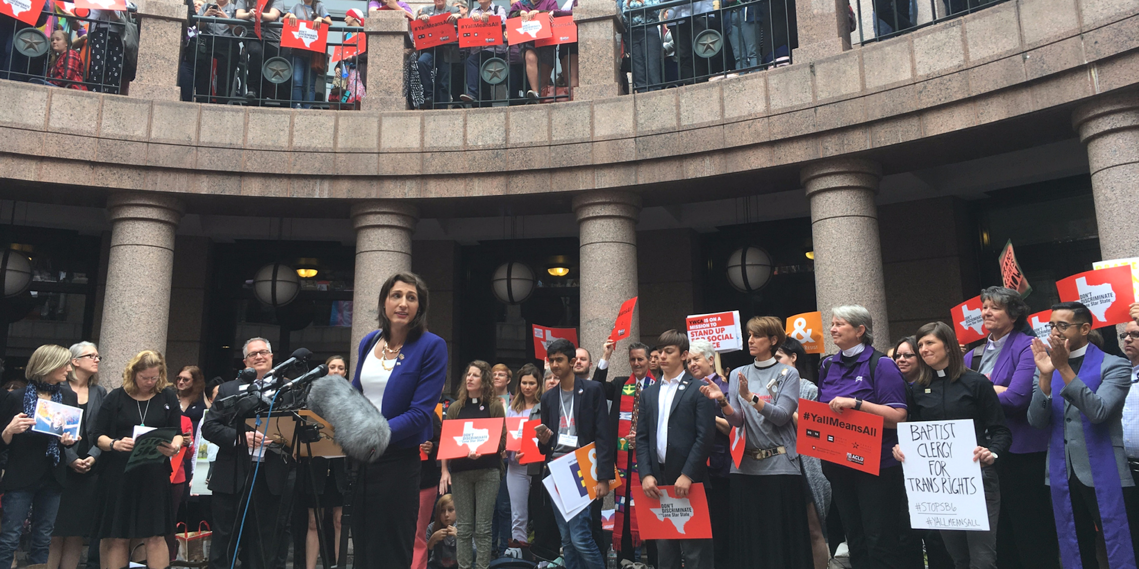 Danielle Skidmore, an engineer and transgender woman, speaks at a rally against the Texas bathroom bill SB6.