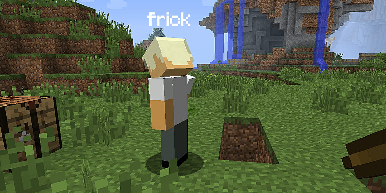 Minecraft player looking down with the word 'frick' over their head