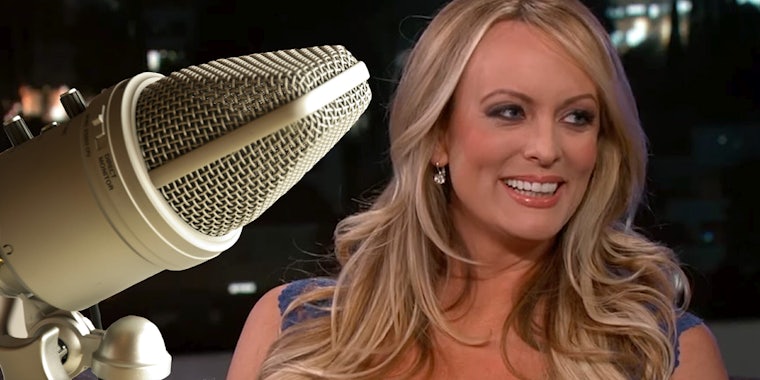 Microphone in front of Stormy Daniels