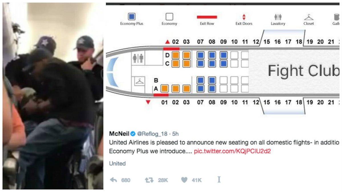 united airlines dragging video memes: plane shows seating renamed fight club