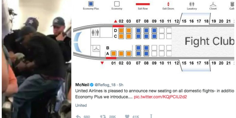 united airlines dragging video memes: plane shows seating renamed fight club