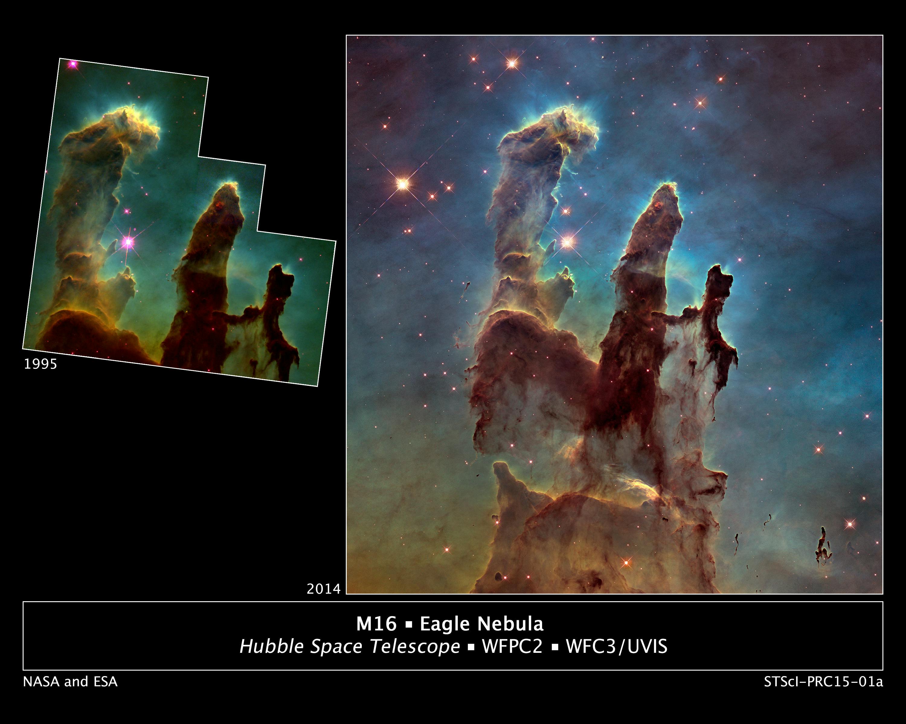 NASA caption: Astronomers using NASA's Hubble Space Telescope have assembled a bigger and sharper photograph of the iconic Eagle Nebula's "Pillars of Creation" (right); the original 1995 Hubble image is shown at left. 