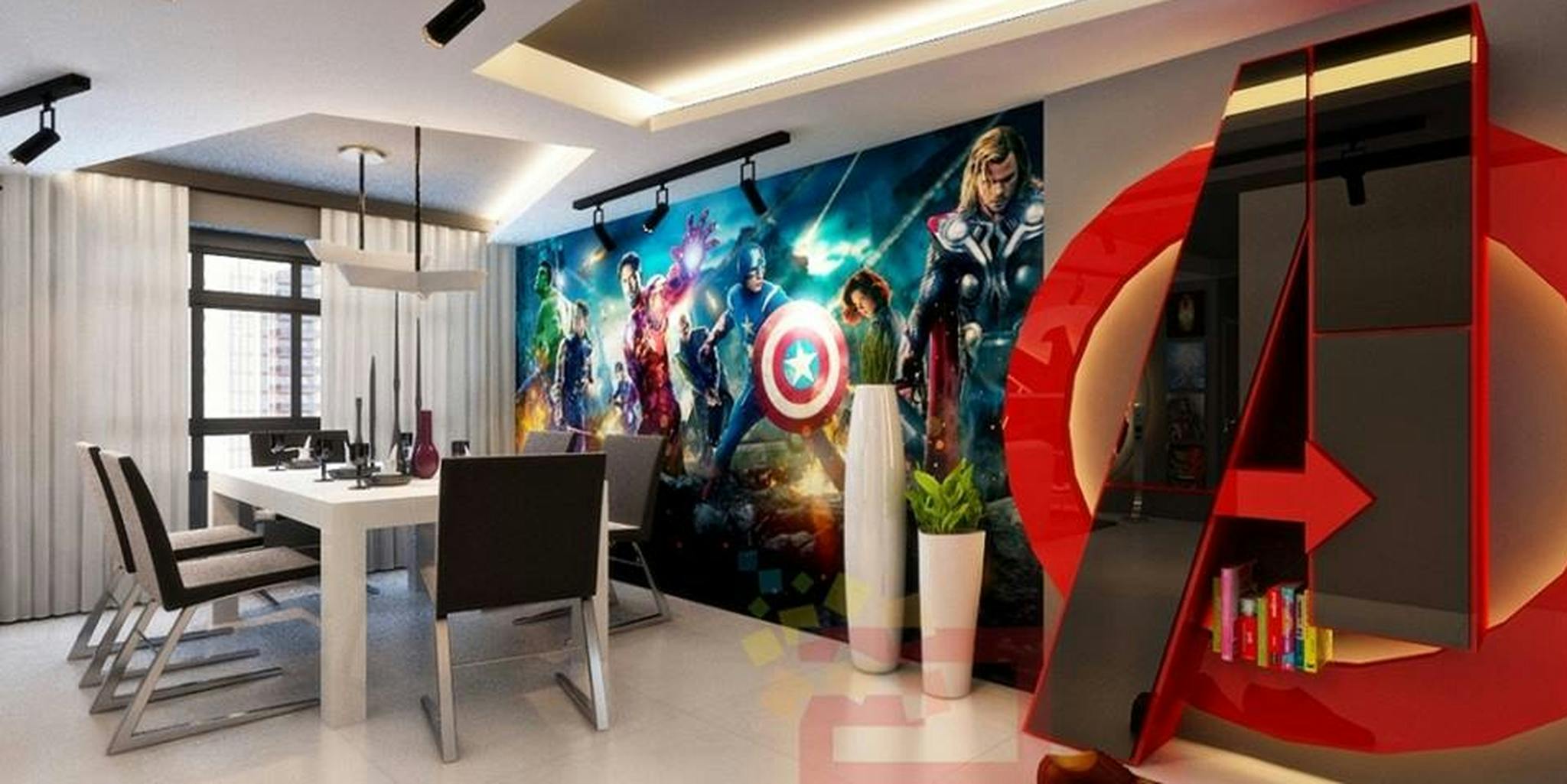 Office marvel. Комната в стиле Мстителей. Интерьер в стиле Marvel. Комната в стиле Марвел. Квартира в стиле Марвел.