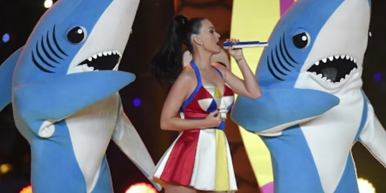 Katy Perry performs alongside Left Shark