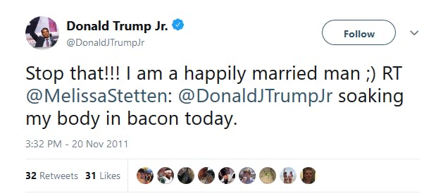 A former model shared screenshots from Donald Trump Jr. on Thursday night showing a strange bacon-fueled message from the businessman–but a quick scan of his Twitter shows that his 'bacon fetish' and love for the meat has been brought up a lot.