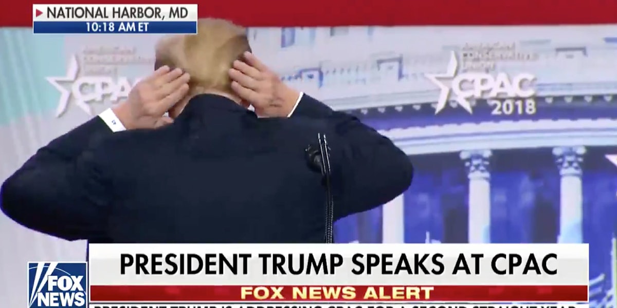 Trump jokes about his bald spot at CPAC.