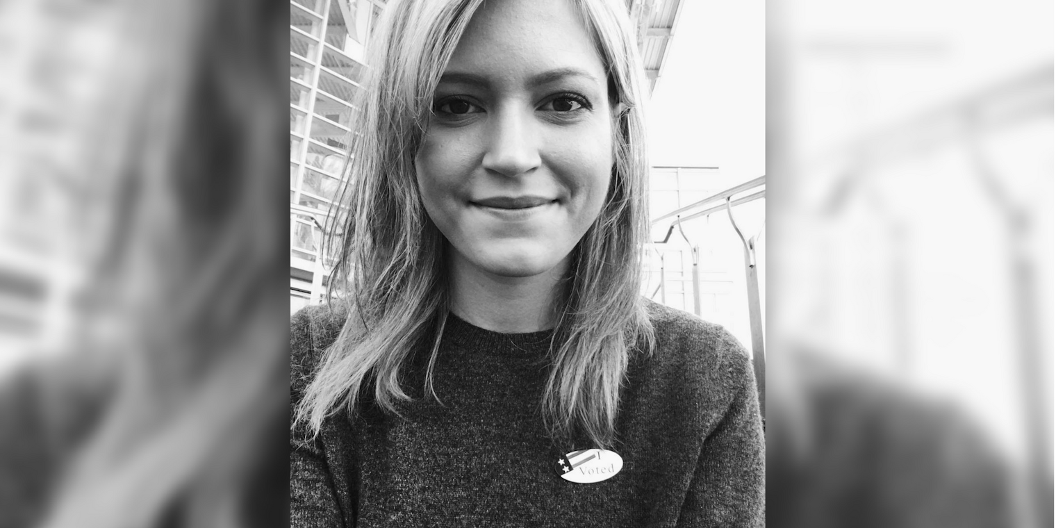 Susan Fowler, the former Uber engineer who penned the Uber Memo on sexual harassment, wearing an 'I Voted' sticker