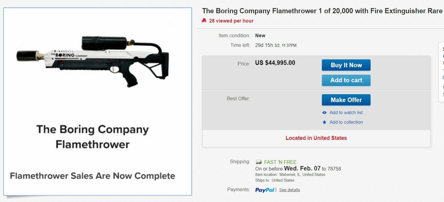 boring company flamethrower ebay listing
