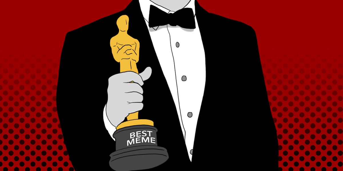 Man holding 'Best Meme' Academy Award statue