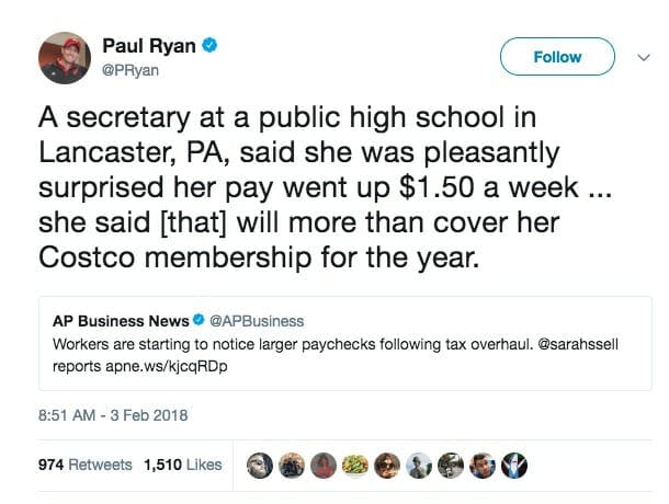 Paul Ryan's tweet bragging about a woman making an extra $1.50 a week because of the tax bill.