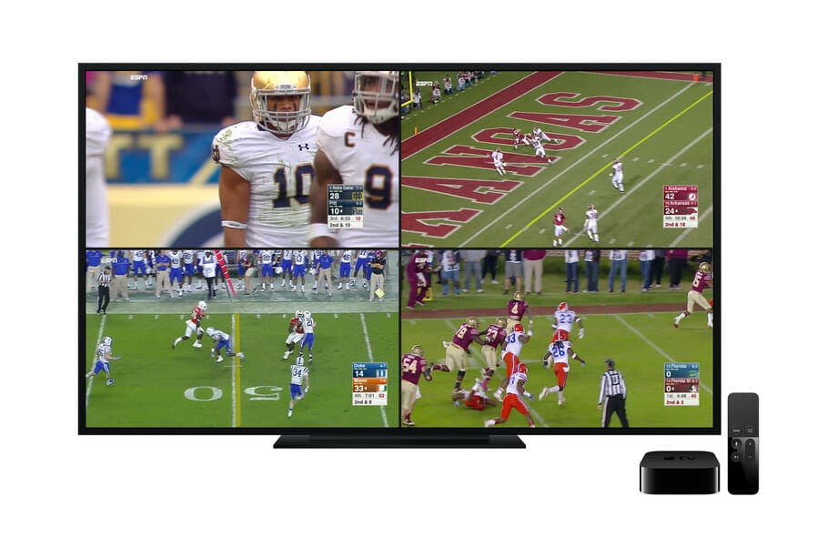 ESPN Apple TV app with four football games onscreen