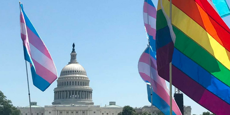 Trans pride and Gay pride flags in front of the U.S. capitol