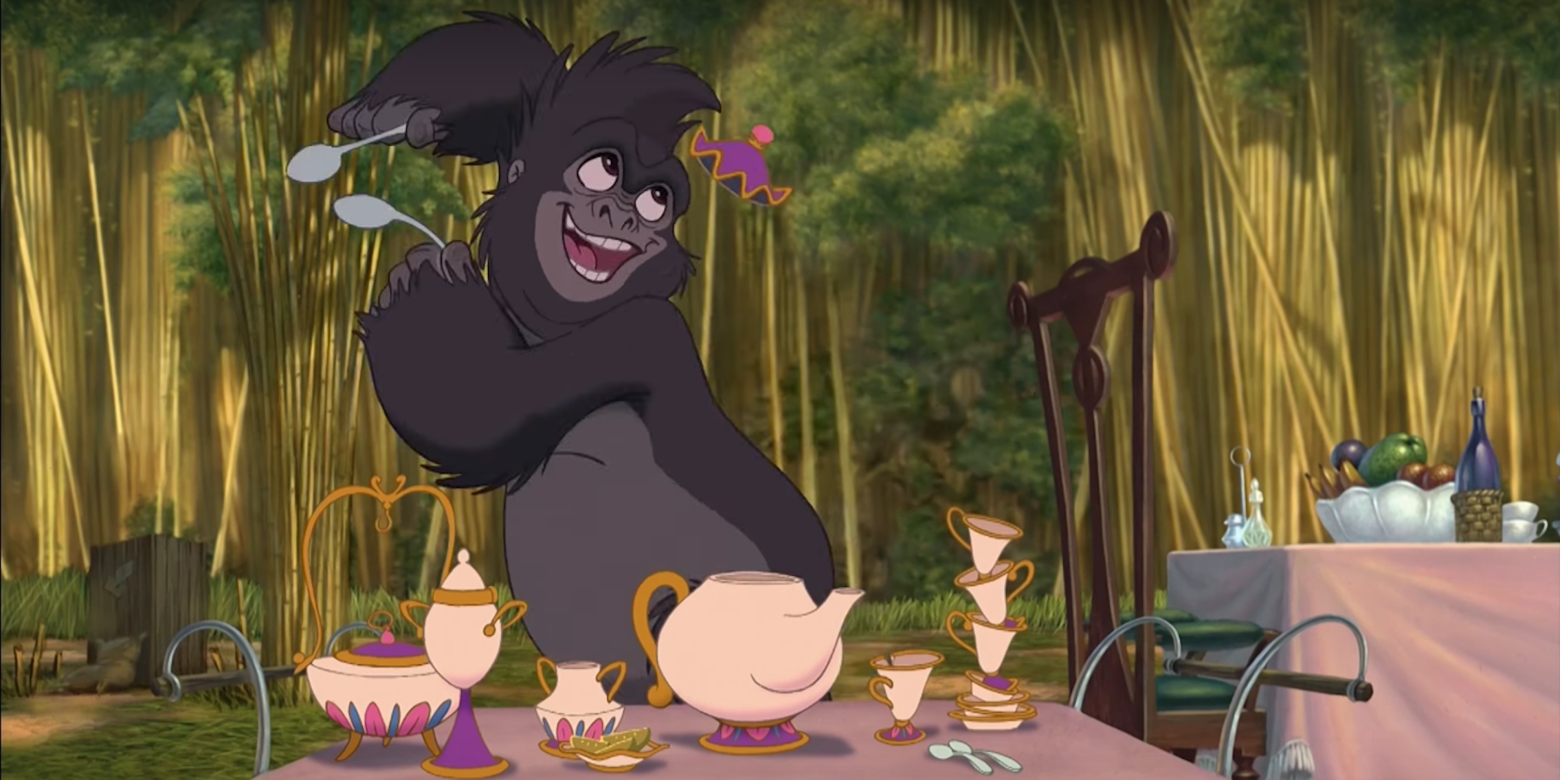 A still from 'Tarzan' featuring a Disney animation Easter egg: Mrs. Potts from Beauty and the Beast.