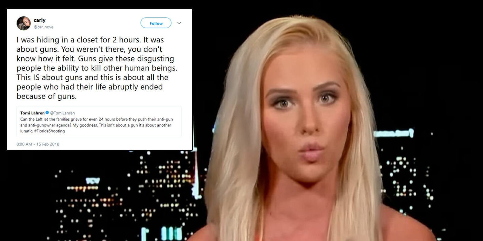 A student who apparently was at Majory Stoneman Douglas High School during Wednesday's shooting roasted Fox News commentator Tomi Lahren.