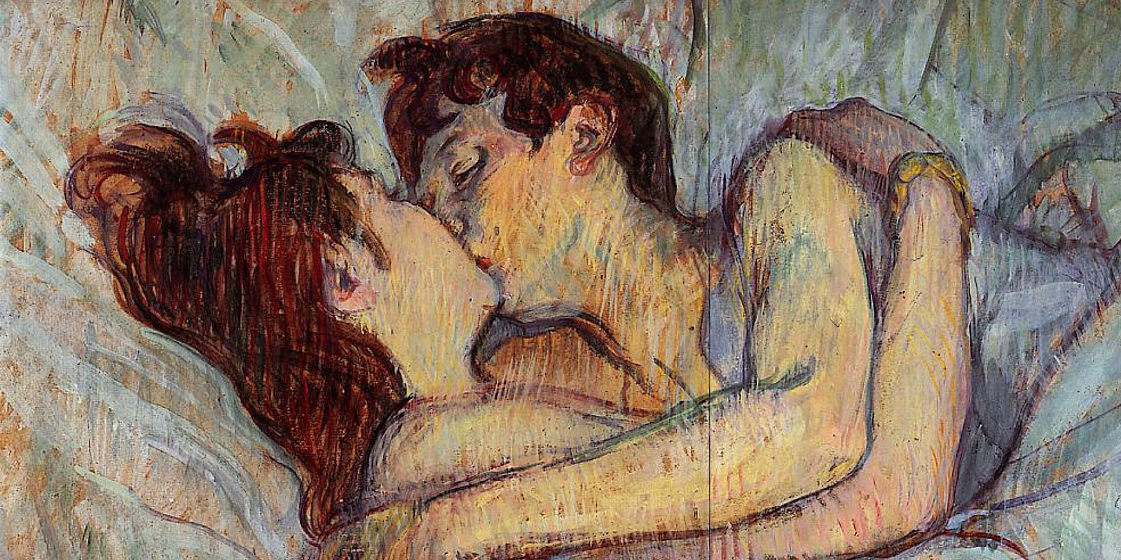 Painting of a couple kissing in bed