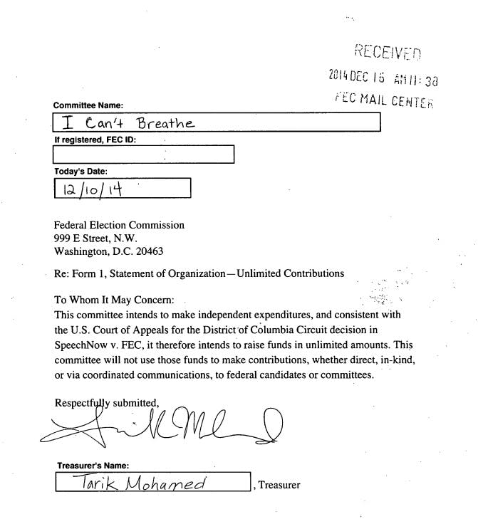 First page of FEC application