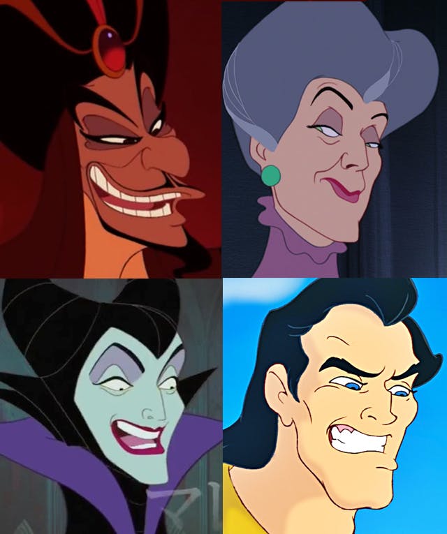 comparison collage showing Jafar from Aladdin side by side with Madame Tremaine from Cinderella; below, Maleficent from Sleeping Beauty next to Gaston from Beauty and the Beast. All are facing to the right, with similar cruel smiles that show many of the physical features Disney villains have in common.