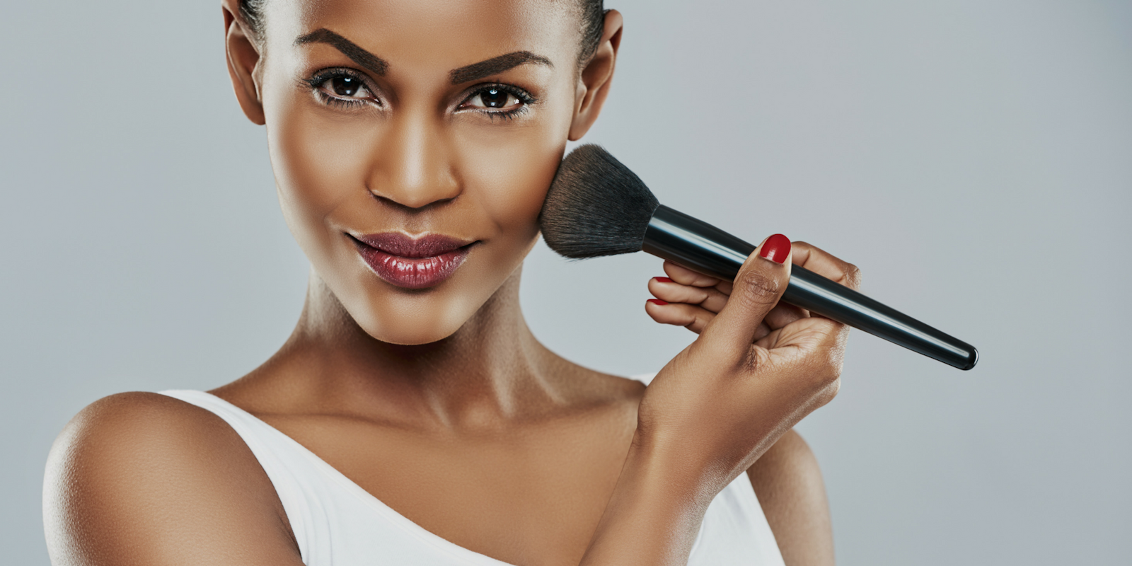 A Black woman putting on makeup