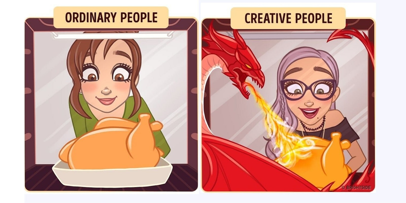 ordinary vs creative dragon cooking a turkey